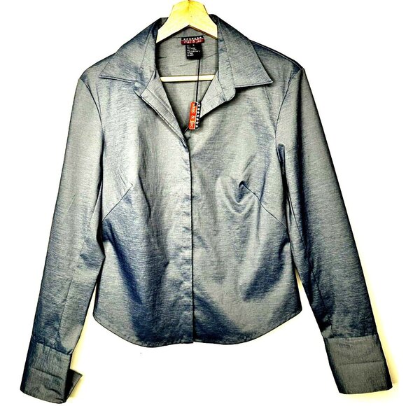 Mac & Jac Womens Blouse Shiny Long Sleeve Shirt Polyester Blend Blue Size 6 NWT - Picture 1 of 9